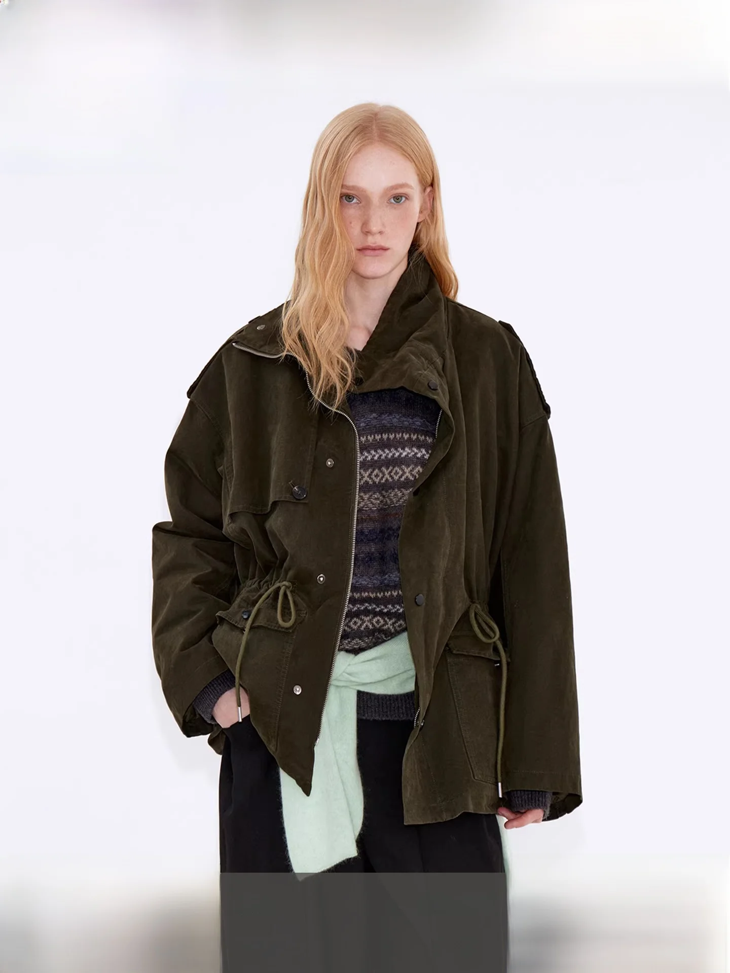 

Fano Vintage Workwear Sle Olive een Floing Feels down Jaet Coat Warm Cotton Long Sve Zipper Closure Women's Coat