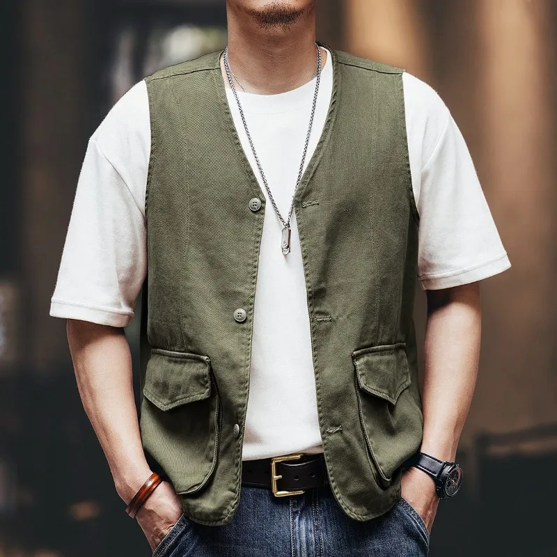 

Vintage Denim Vest for Men Autumn Winter Oversized Workwear Jacket with Pockets Retro Utility Outerwear Casual Layering Piece