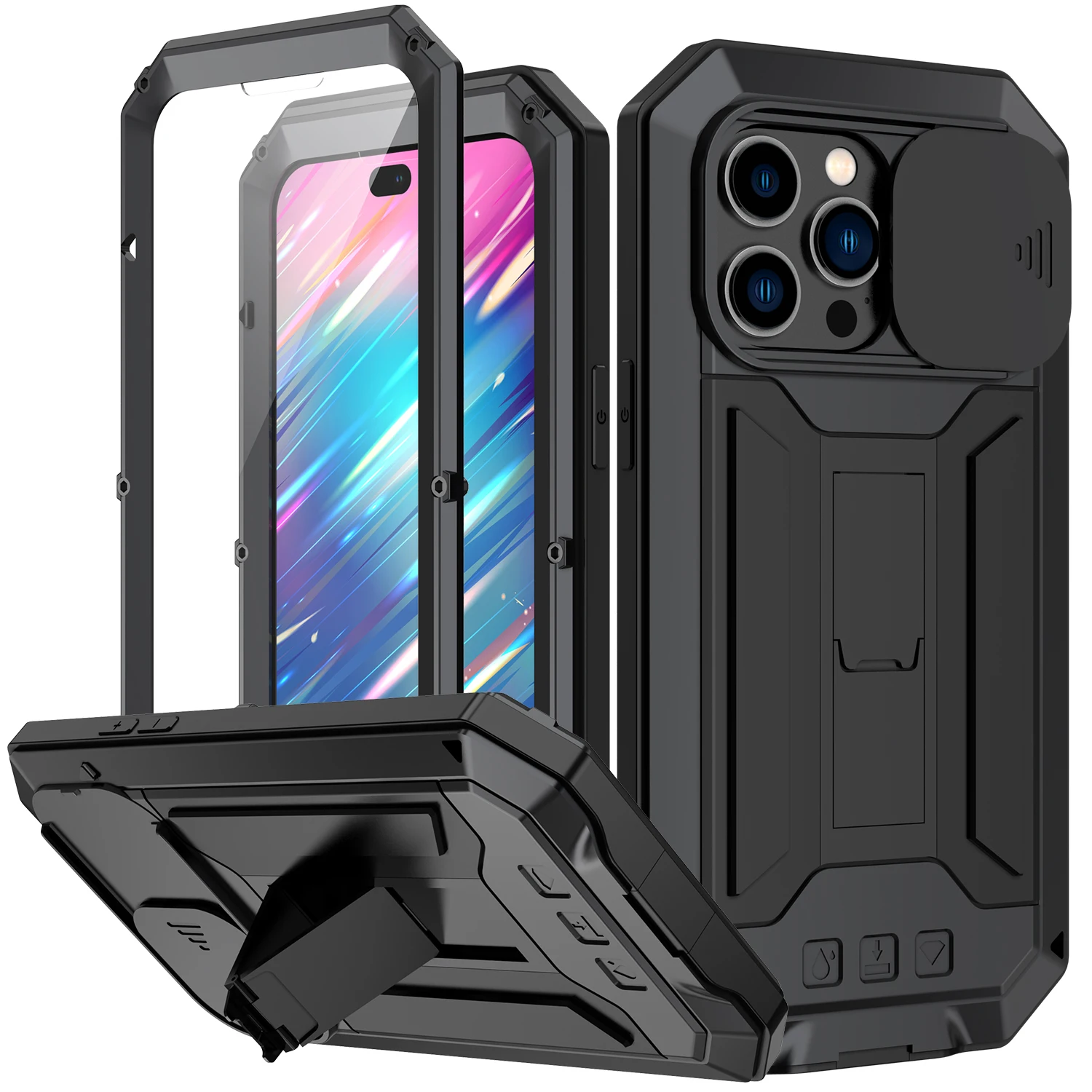 R-JUST Luxury Shockproof Metal Cases For iphone 16 15 Plus 14 13 Pro Max With Stand Built-In Camera Screen Protector Cover Case