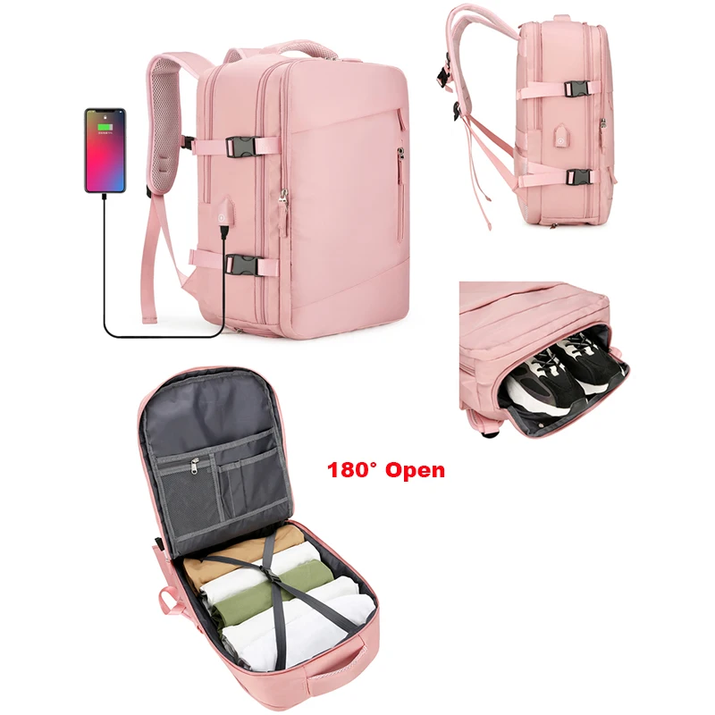 Cabin Backpack PINK 180° Open Men Women Airplane Travel Backpacks Waterproof US Charging Mochilas Mujer Mochilas Escolares