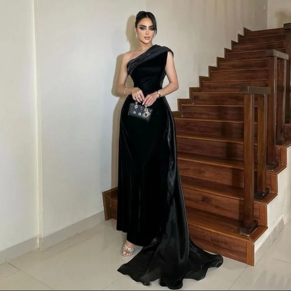 

Customized A-line One-shoulder Velvet Prom Gowns Ankle-Length Black Pleat Sleeveles Party Dressess Evening Dresses Backless