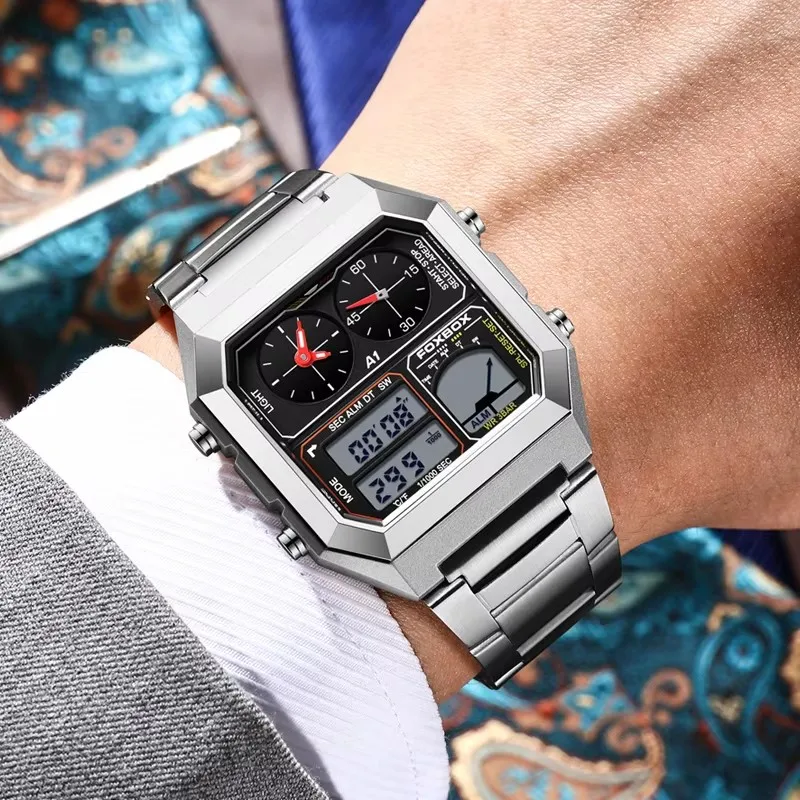 FOXBOX Men Military Sport Wrist Watch Stainless Steel 3BAR Waterproof Watches Mens Digital Square Screen Relogio Masculino+Box