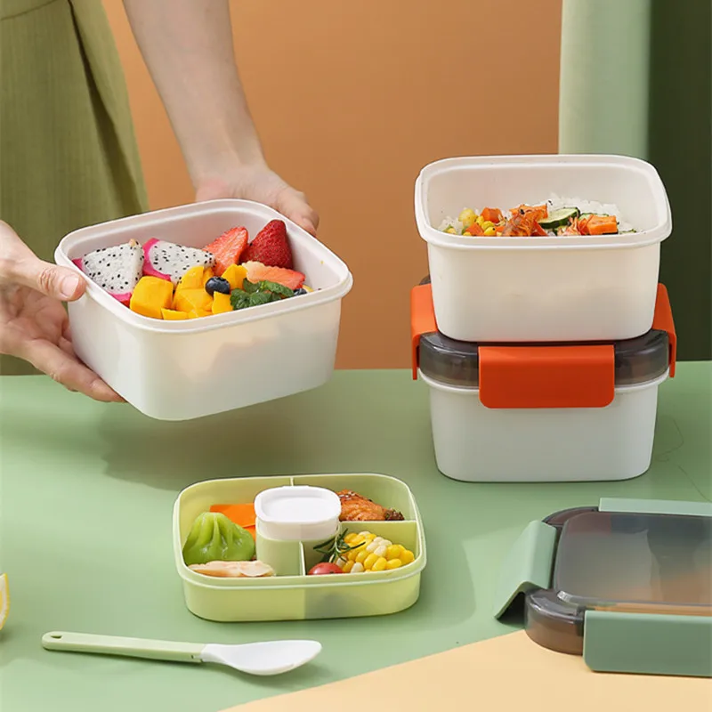 Double-decker Microwave Heated Lunch Bento Box Plastic Food Storage Containers Portable Picnic Salad Bowl with Sauce Tank