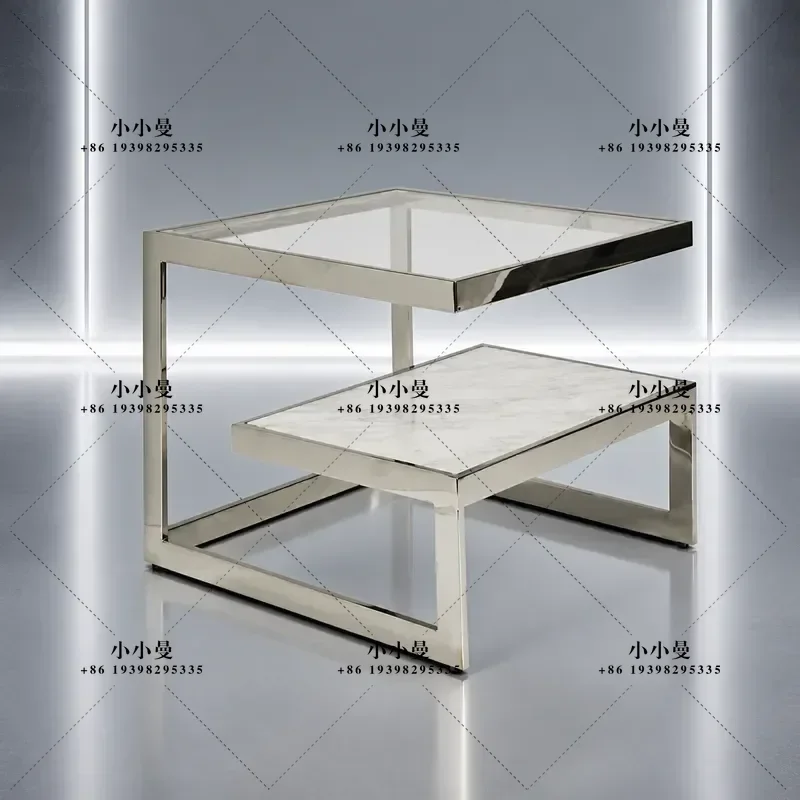 American Light Luxury Stainless Steel Marble Double Layer Corner Side Table Soft Decoration Design for Villa Model Room