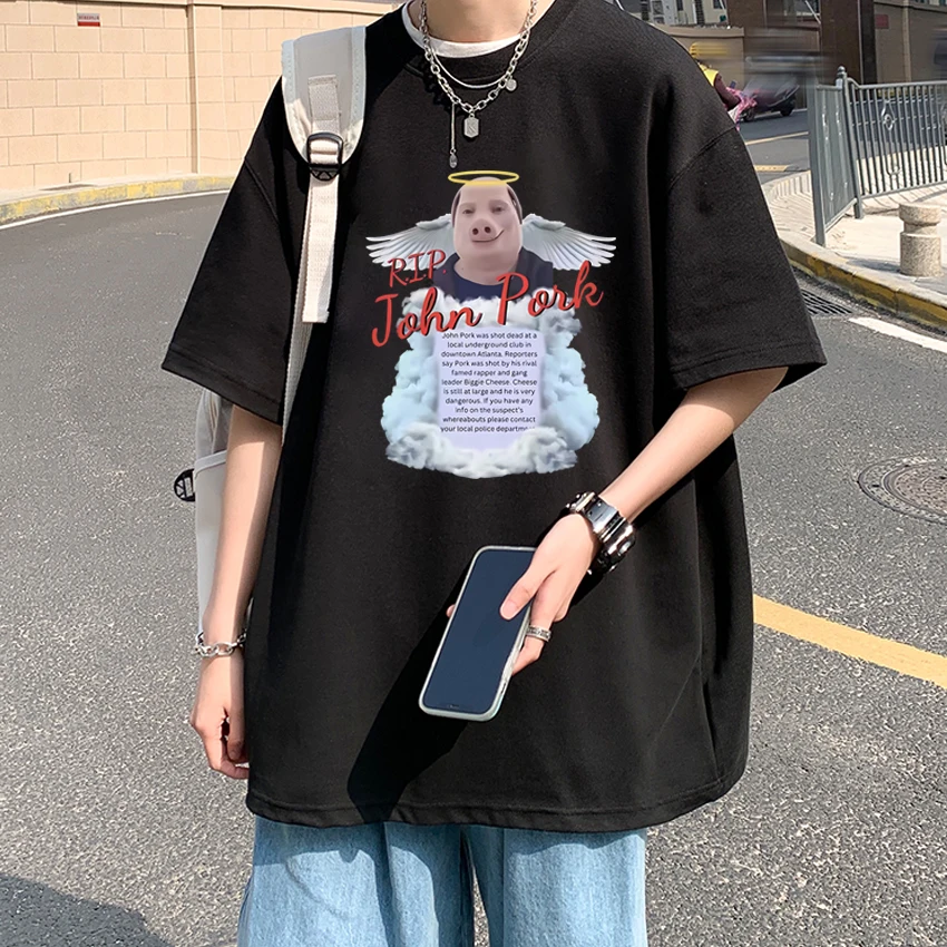 

New in R.I.P John Pork Funny Humor Pig Meme Graphic T Shirt Men Women harajuku Oversized Top Unisex Cotton short sleeve T-shirts