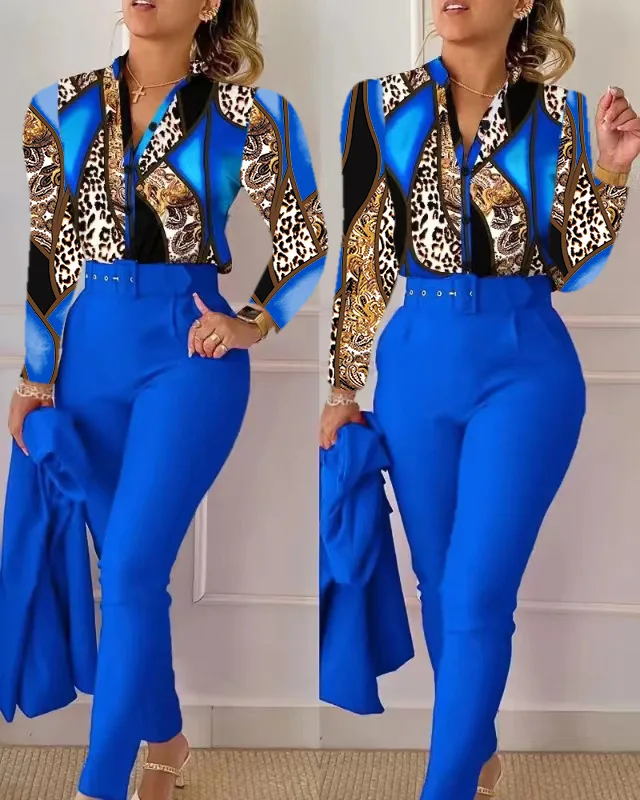 

Fashion Elegant Women Printed Two Piece Suit Sets Spring V Neck Long Sleeve Shirt Top & Long Pants Set With Belt Workwear Outfit