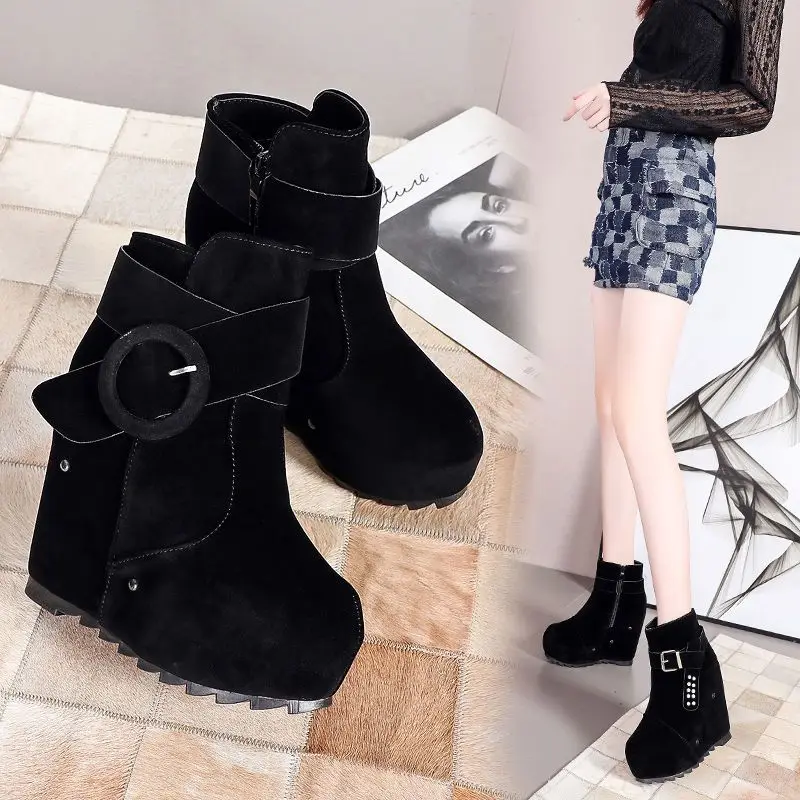 Wedge Ankle Boots Winter Warm 2024 New Tassel Shoes Lady Super High Heel Thick Sole Platform Frosted Motorcycles Boots Black