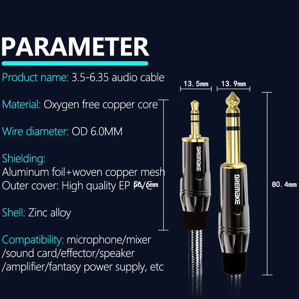 DREMAKE 3.5 do 6.35 stereofoniczny kabel Audio 1/8 Cal męskiego TRS do 1/4 Cal męskiego przewodu TRS do kina domowego wzmacniacza gitarowego