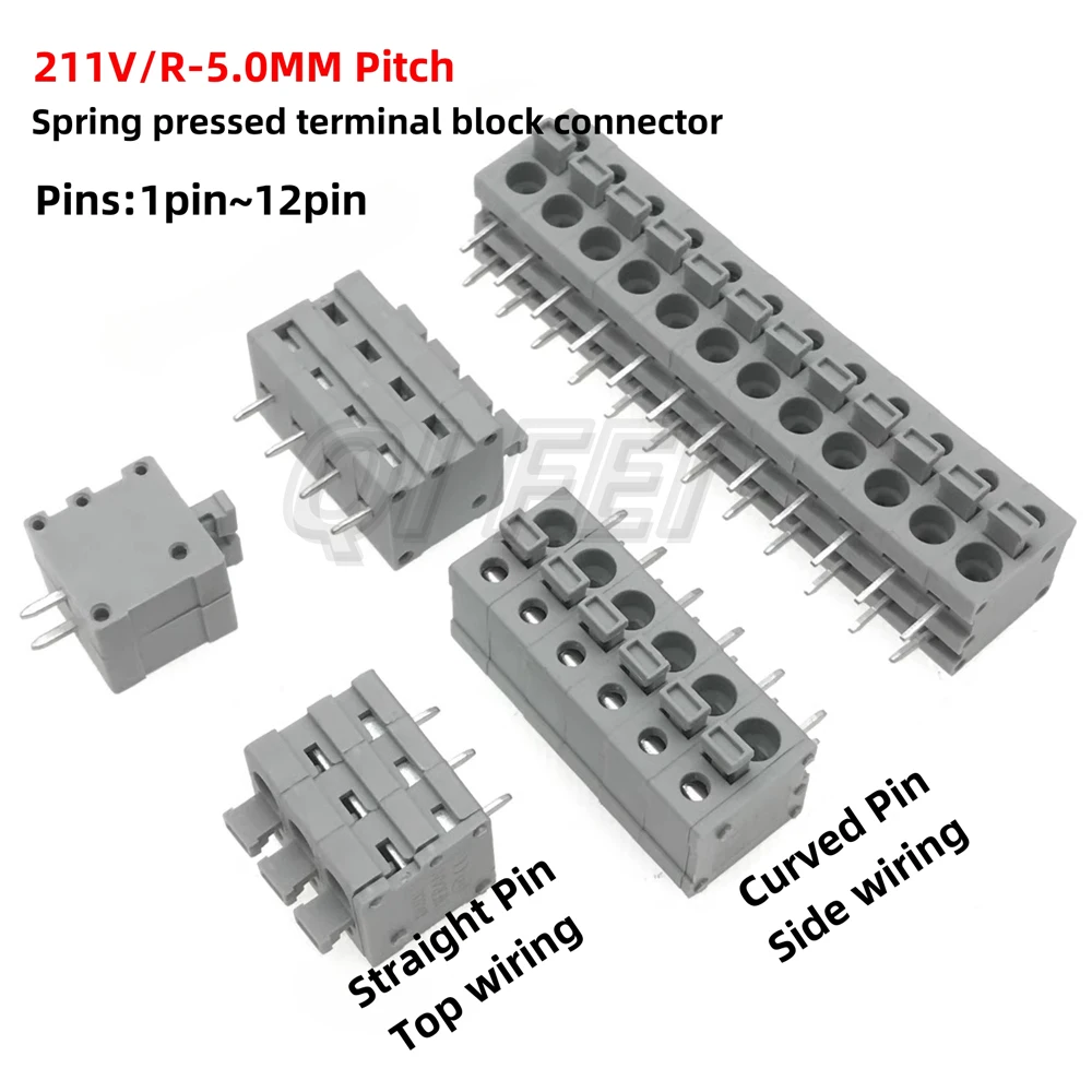 5PCS Spring Press Type Terminal Block 211V 5.0MM Pitch 211R 2P 3P 4P 5P 6P 7P 8P 9P 10P 12P Straight Curved Pin  Connector Grey