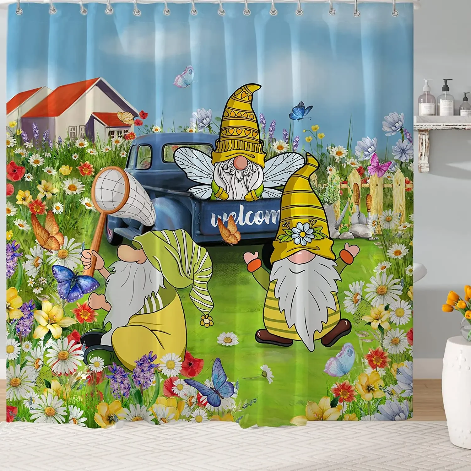 Hello Spring Gnomes Floral Leaf Seasonal Vintage Bee Country French Garden Queen Black And Gold Texture Marble Shower Curtain