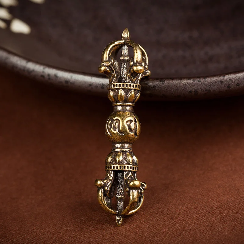 Brass six-character mantra staff, five-pronged , demon-subduing Vajra, antique-style handle, aged decorative piece