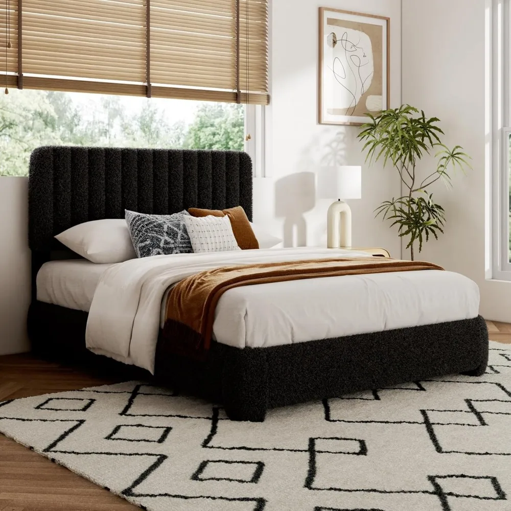 

Boucle Bed Frame, Upholstered Cloud Platform Bed Frame with Adjustable Headboard, Vertical Tufted, Soft Rounded Corner