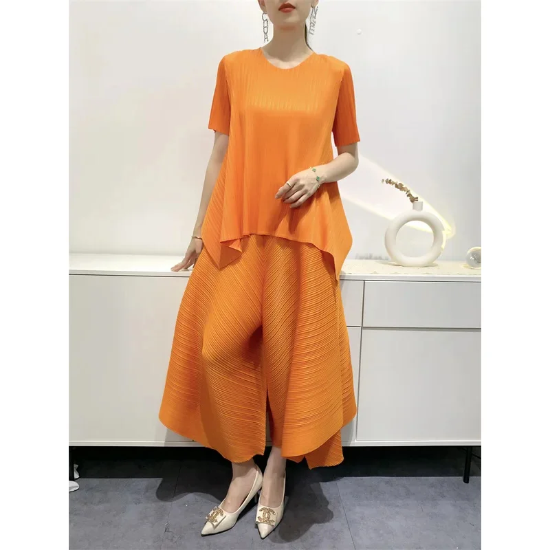 

Temperament age reducing set comfortable casual 2024 Summer pleated top loose leg pants women