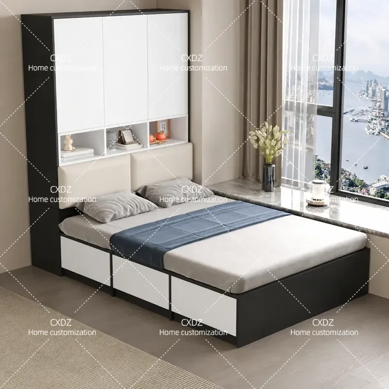 Tatami bed wardrobe integrated small apartment multi-functional storage bed custom solid wood simple storage bed combination
