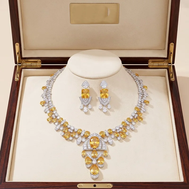 Europe America Gorgeous Style Earrings Necklace Women Lady Inlay Yellow Cubic Zircon Tassels Pendant Dinner Party Jewelry Sets