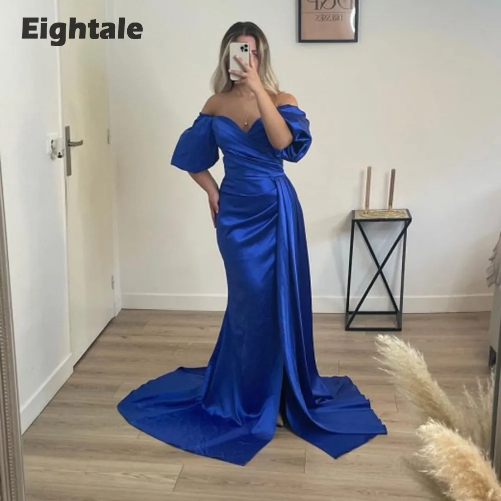 

Eightale Royal Blue Evening Dress off the Shoulder Short Sleeves Prom Party Gown Satin Mermaid Fornal Dress Vestidos De Noche