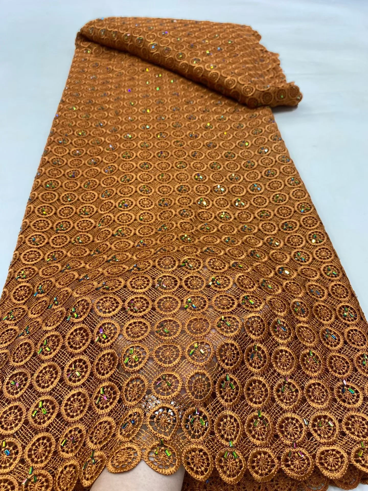 

2025 Latest High Quality African Nigerian With Tulle Sewing Guipure Lace Fabric Embroidery Dresses Sequins 5Yards DP0460