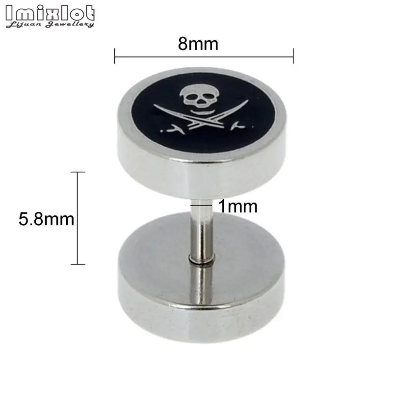 12Pcs Mix Fashion Stainless Steel Round Stud Earrings For Men Women Unisex Trendy Stripe Star Skull Earings Party Jewelry Gift