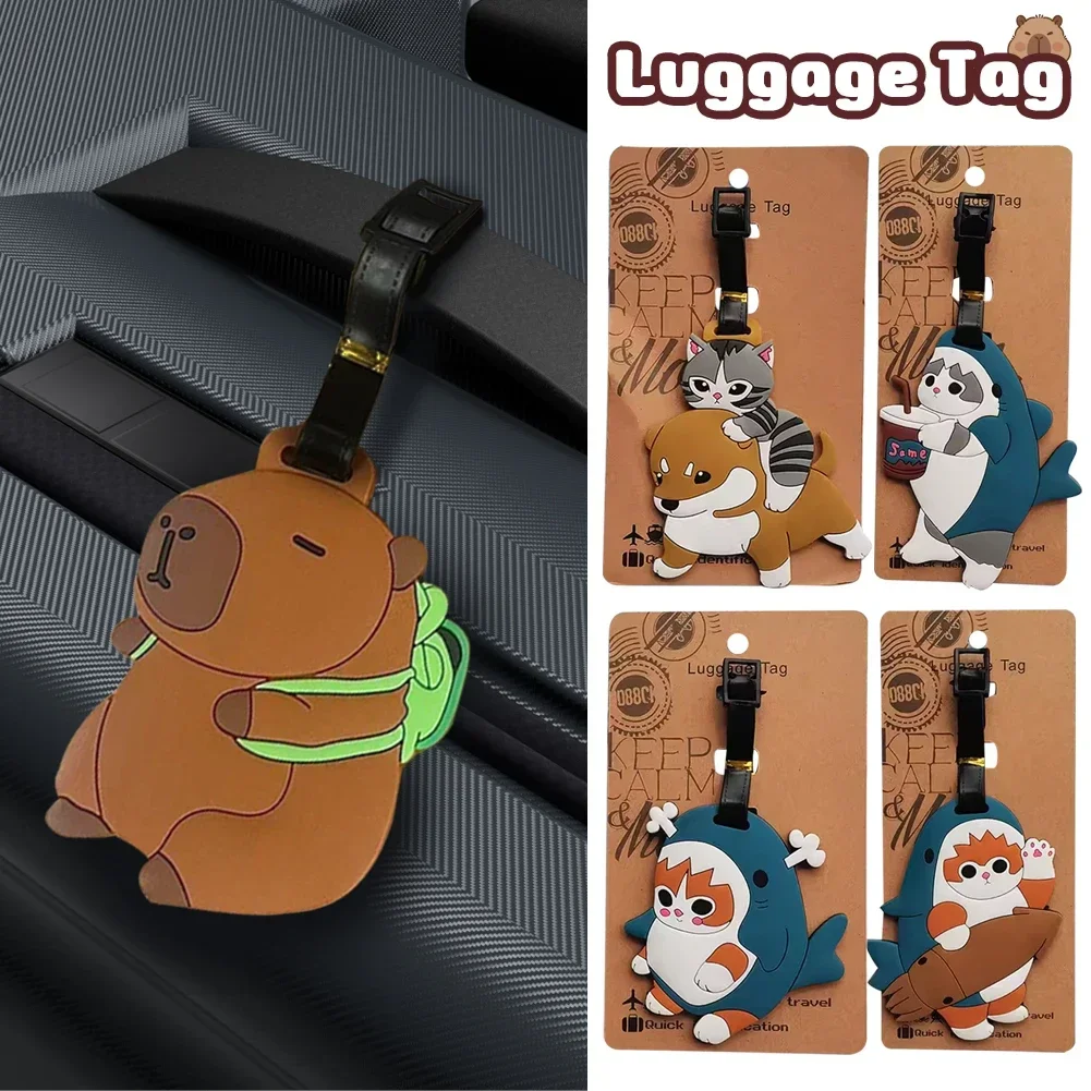 Etiqueta de equipaje con diseño de gato de tiburón Kawaii para hombres y mujeres, accesorios de viaje, etiqueta de equipaje de PVC de dibujos