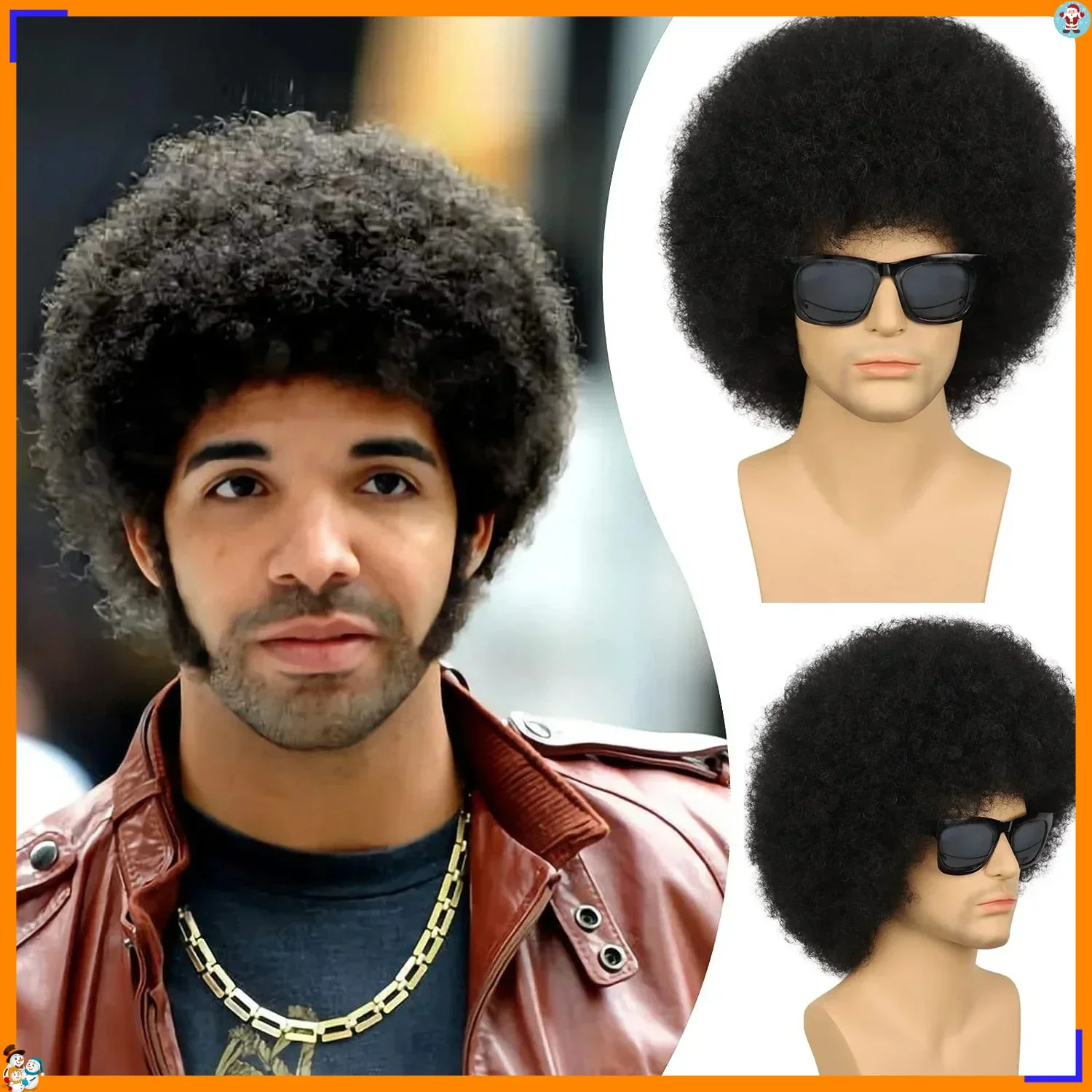 Synthetic Afro Kinky Curly Wig for Men with Bangs Fluffy Puff Bouncy Natural Looking Cosplay Costume Daily Wear Party Styling