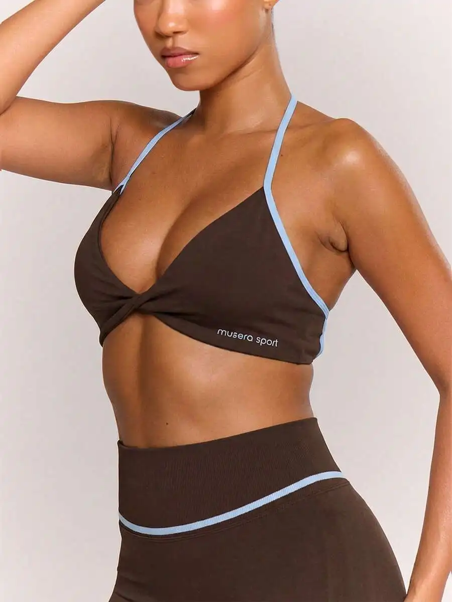 Musera Sport Contrast Seam Knot Front Detail Sports Bra Only Sport Workout Gym Pilates Fitness Daily Girly Casual Hot Sweat