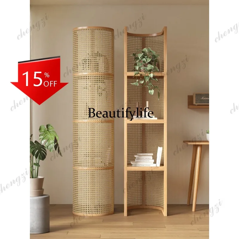 D80 Nordic rattan shelves, multi-layer floor bookshelves, retro home multi-layer storage display shelves