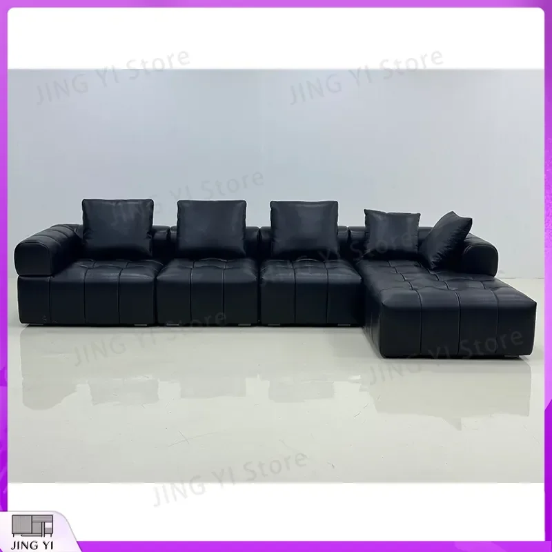 High-End All-Green Pixel Leather Sofa for Living Room First-Layer Black Genuine Leather Sofa Customizable Modern Sectional