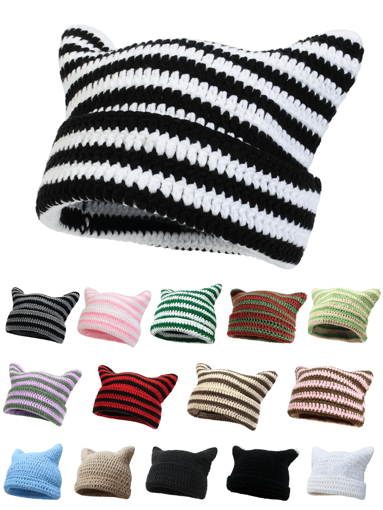 Cute Cat Ear Beanie Crochet Hats for Women Girl Knitted Y2K Striped Winter Warm Loose Fit Handmade HipHop Stylish Skullies Cap