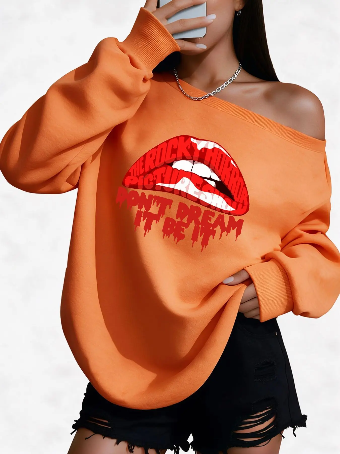 Plus Size 50% Cotton Red Lip Graphic Print High Quality Women'S Off-Shoulder Wide Neck Sweatshirt Warm Casual Trendy Style, W