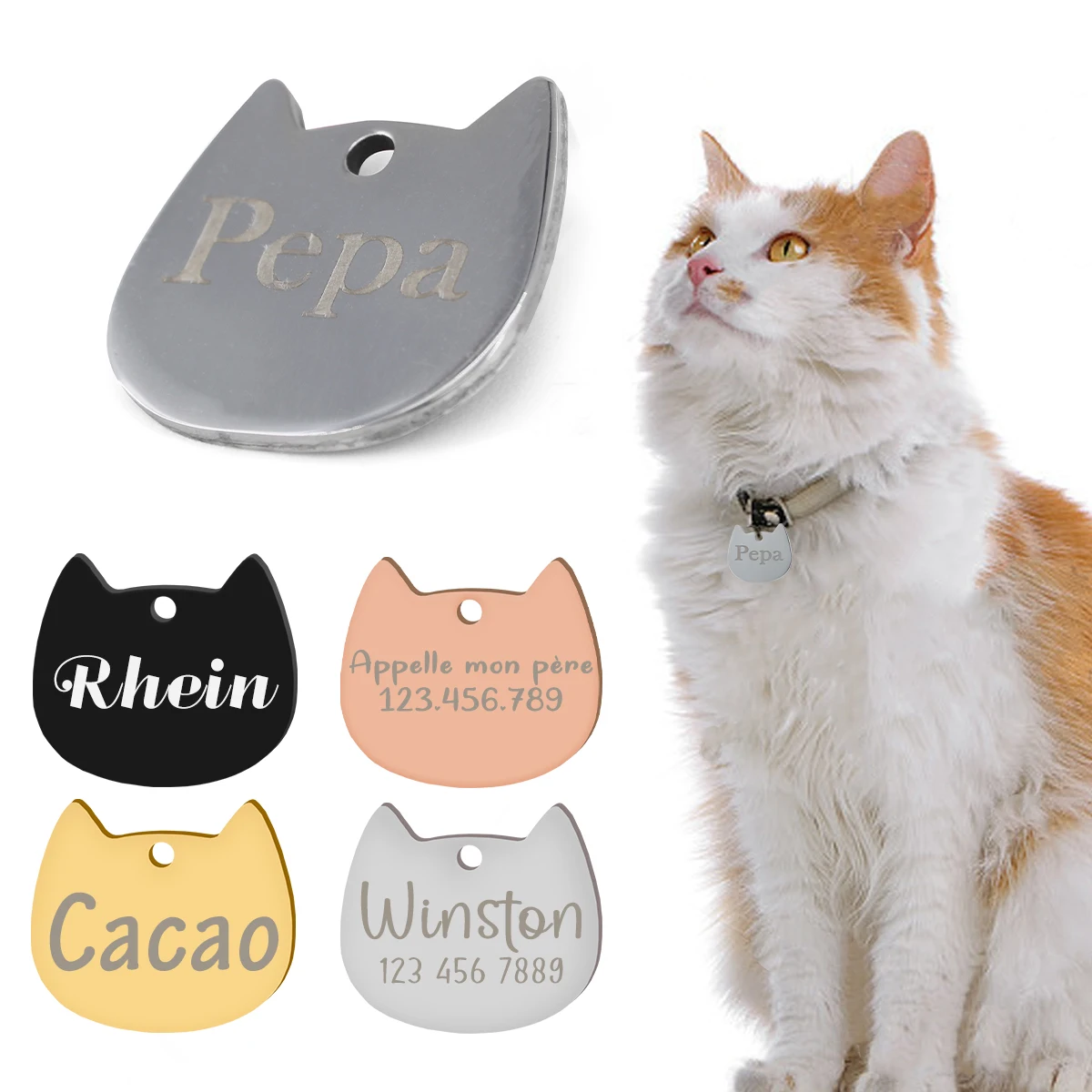 4 Color Choices Cat Tag Pet Pendant Identity Label | Anti-Loss Outing Supplies | Customized Personal Information