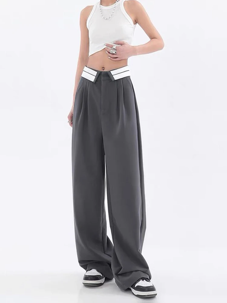 2023 Summer Fashion Women Grey Solid Simple Chic Long Trousers High Waist Loose Casual Design Baggy Soft Pants Streetwear Daily