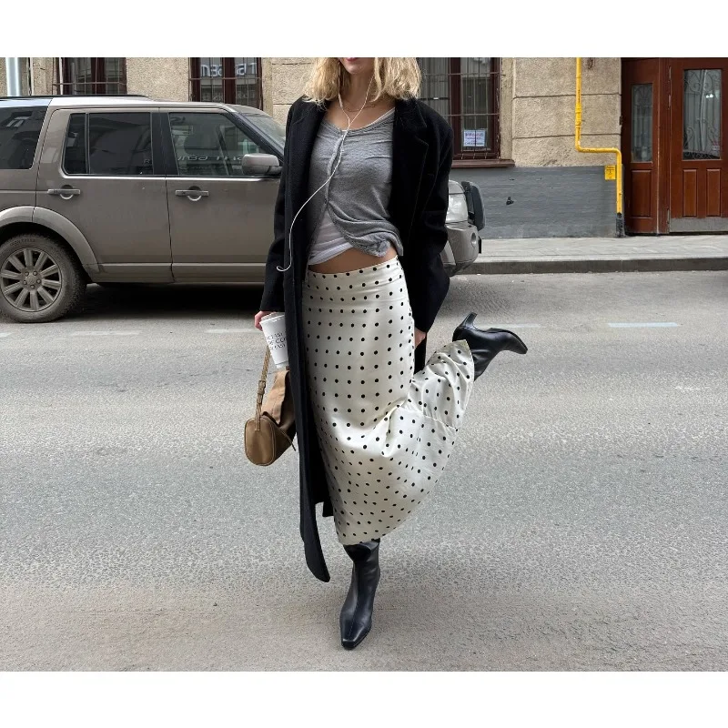 2505 Women's  Polka Dot Soft Long Stain Skirts Casual Chic Streetwear New High Waisted Street Skirt A-line  White Vintage