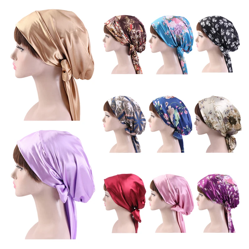 Women Silk Satin Night Sleeping Cap Head Wrap Bowknot Turban Pre Tied Fitted Bandana Chemo Cap Nightcap Hair Loss Long Tail Caps