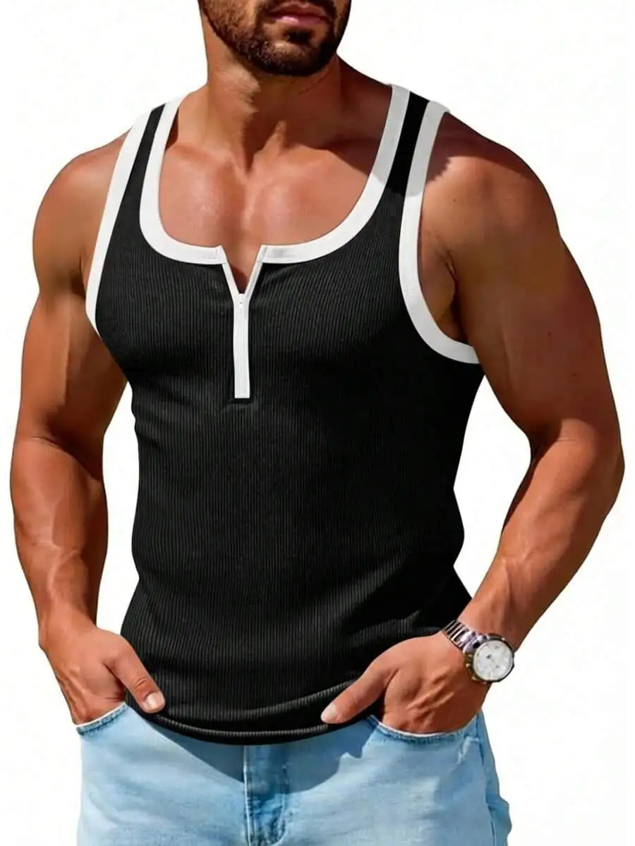 

Mens Ribbed Knit Sleeveless Quarter-Zip Fitness Vest