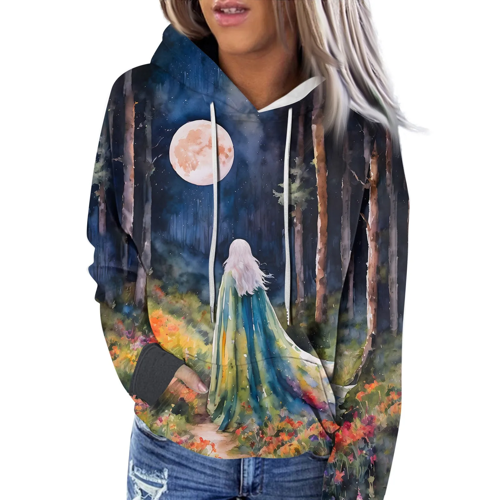 Autumn And Winter Women\'S Long Sleeved Hooded Sweatshirt Casual Halloween Witch Pattern Printed Hoodie Pullover For Women