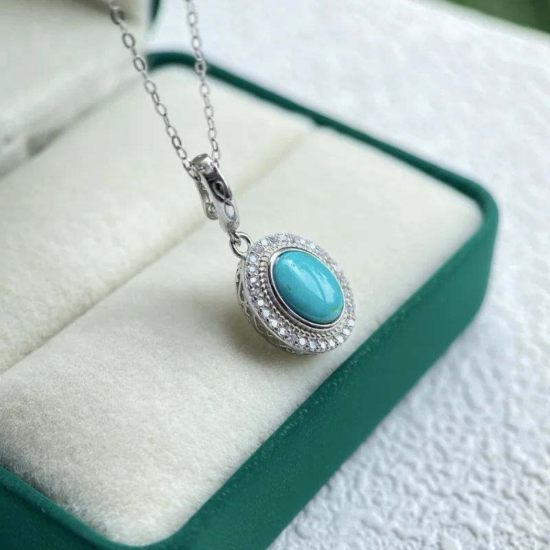 Natural Hubei Turquoise Pendant S925 Sterling Silver Inlaid Surface