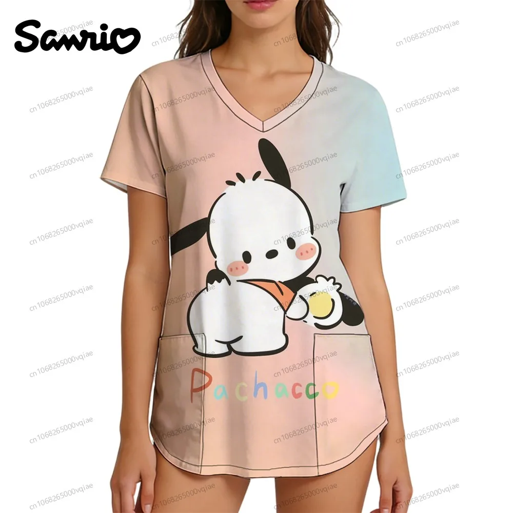 

2026 New 3D Print Pochacco Kawaii Women's T-shirt Pocket Nurse Uniform V Neck T Shirt Trend Fashion Summer Y2k Clothes S-2XL