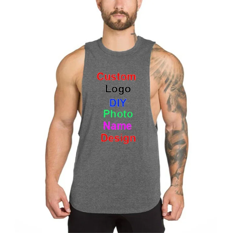 Brand Logo Custom DIY Summer Mens Cotton Gym Tank Top Bodybuilding Open Side Sleeveless Shirt O neck Fitness Clothing