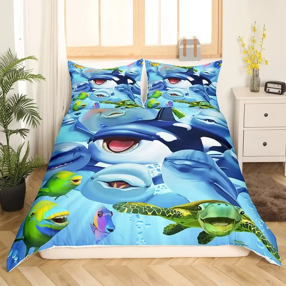 3D Whale King Queen Duvet Cover Marine Life Bedding Set Teal Sea Animal Quilt Cover Ocean Nautical Polyester Comforter Cover