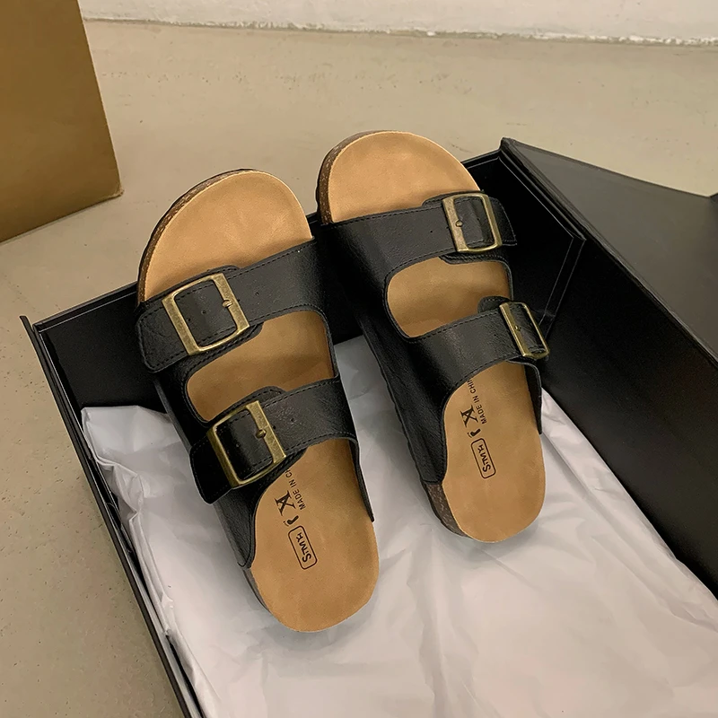 2024 New Summer Women\'s Cork Slippers Casual Beach Double Buckle Non-slip Outside Nubuck Leather Slip on Slides Shoe for Women