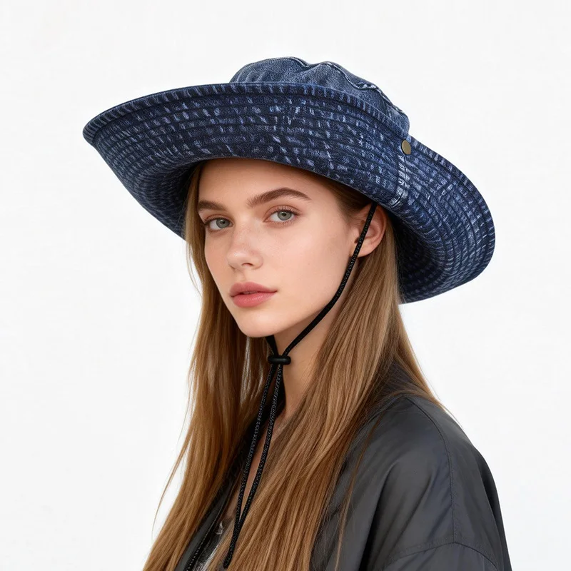 

Bucket Hat Denim Women Wide Brim Sun Protection Chin Strap Neasboy Cap For Fishing Climb Summer Outdoor