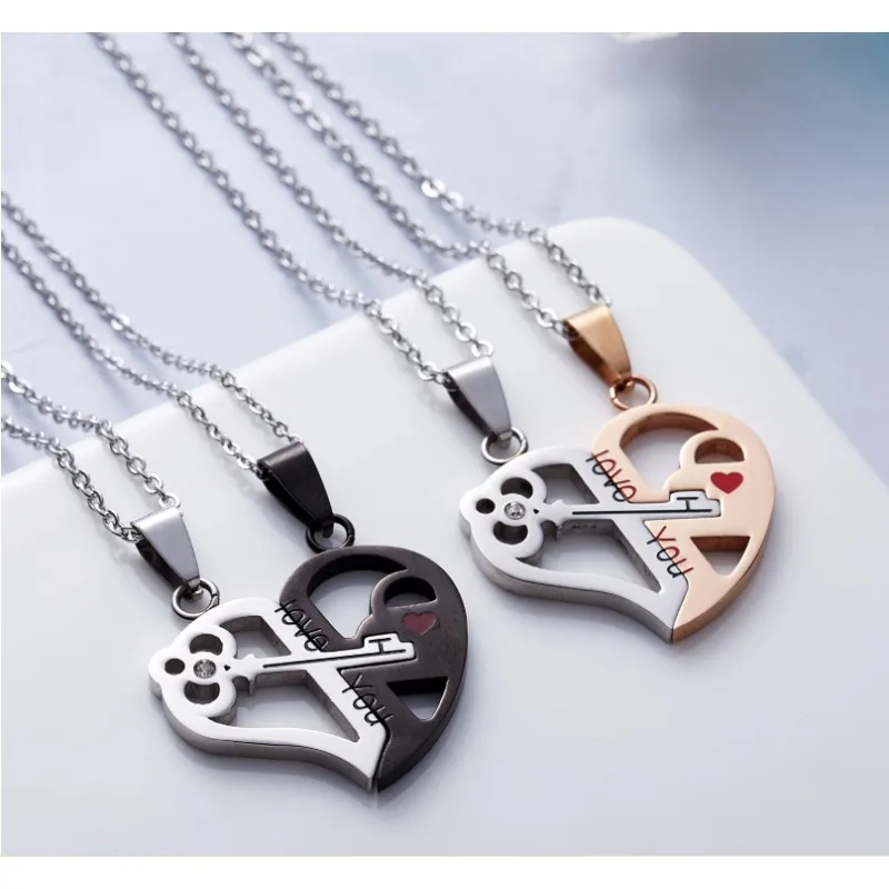 Stainless Steel Necklace Puzzle Necklace Heart-Shaped Two-Tone Engraved Couple Necklace