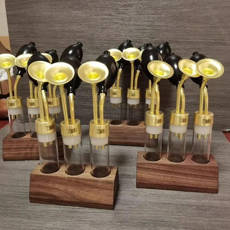 

New Designed Copper Perfume Coffee Smell Bottle Set With Wood Stand Brass Smelling Incense Bottle