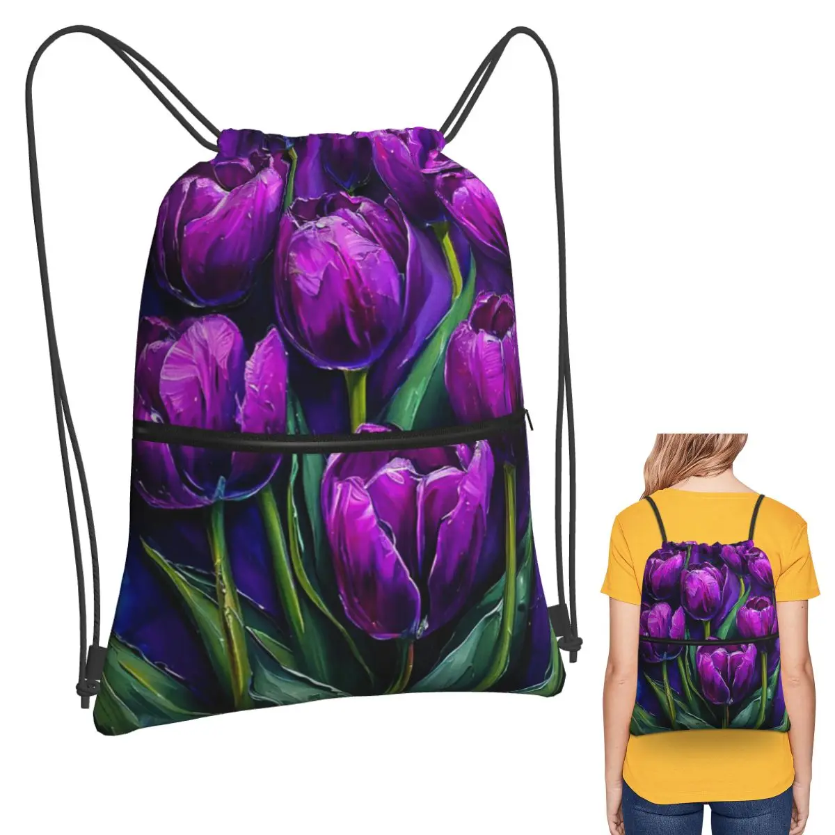 

Purple Tulip Oil Painting Print Backpacks Multi-function Drawstring Bags Sports Bag Book Bags for Man Woman Students
