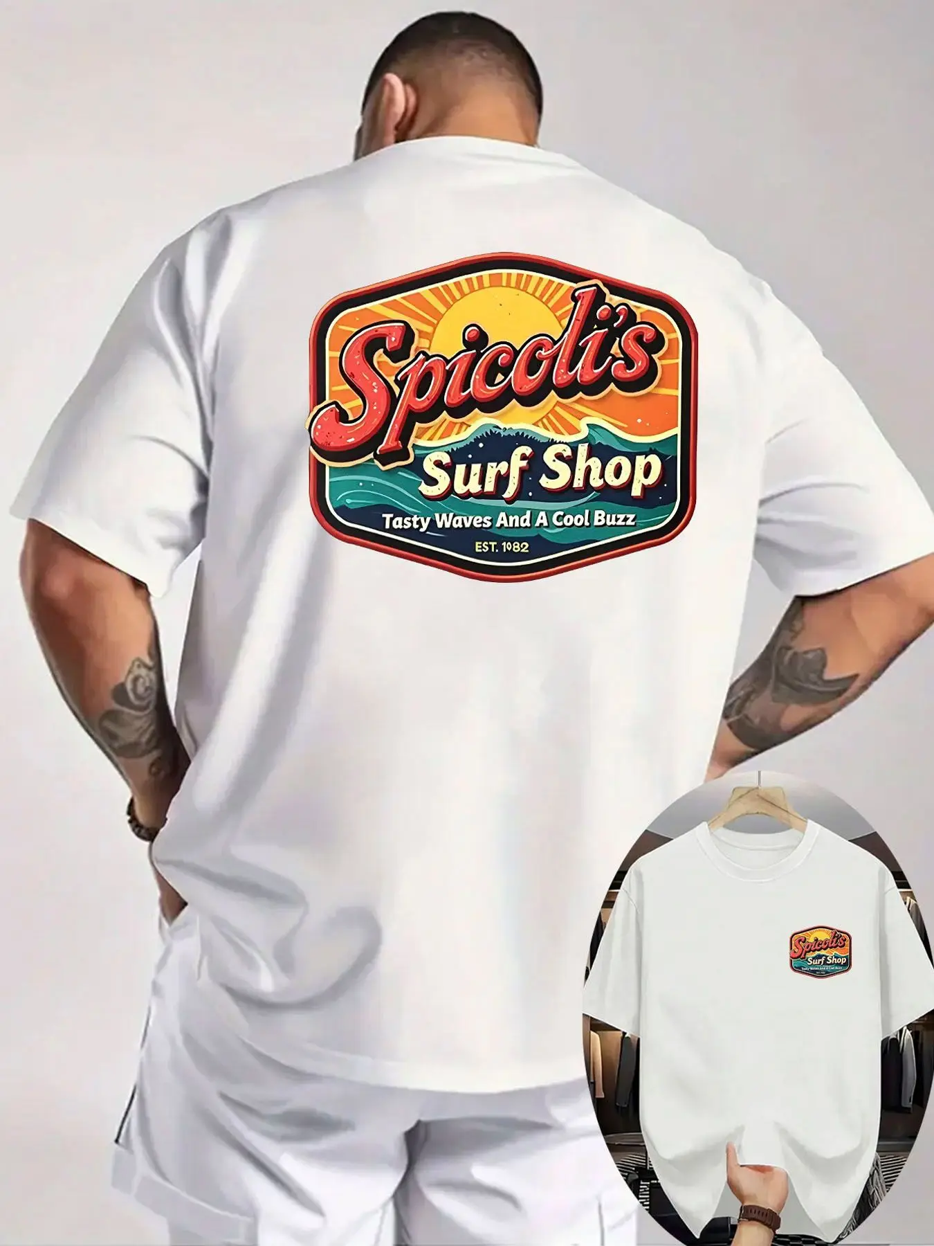 Plus SizeSpicoli'S Surf Shop Retro T-shirt Colorful Logo, Sunburst & Waves Graphic, 'Tasty Waves and A Cool Buzz Since 1988' Text, White, Casual Beach Surfwear, Crew Neck, Short Sleeve, Loose Fit, All-season Wear