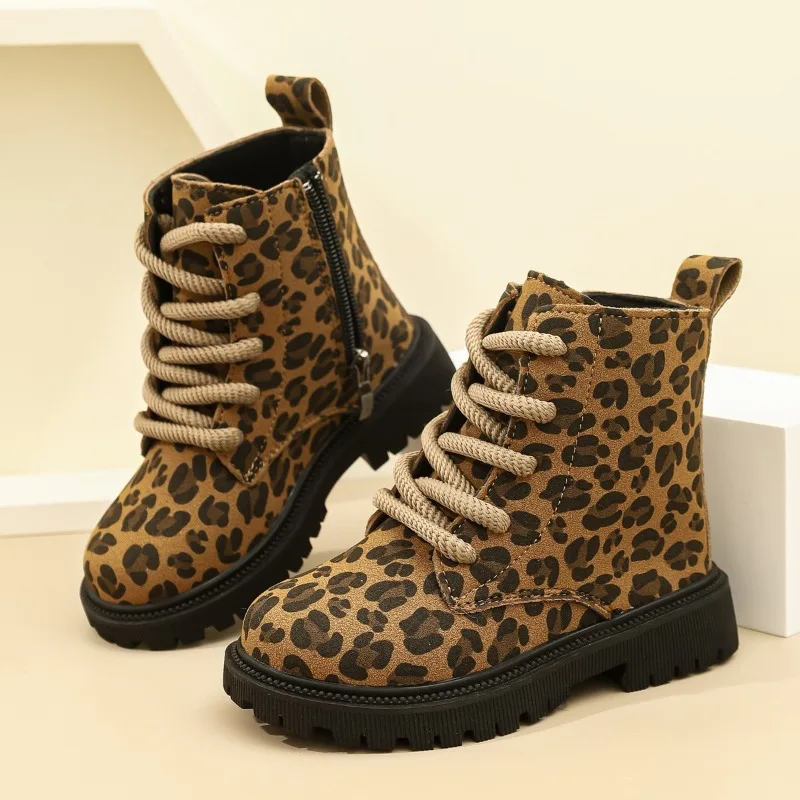 Kids Short Boots Leopard Print Children Leather Boots Chic Trendy 2026 Autumn Winter Girls Ankle Boots Soft Bottom