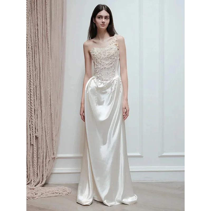 

25COS2025 French Strapless Evening Dress For Brides Niche Light Luxury Satin For Going Out Heavy Industry Pearl Light Wedding Dr