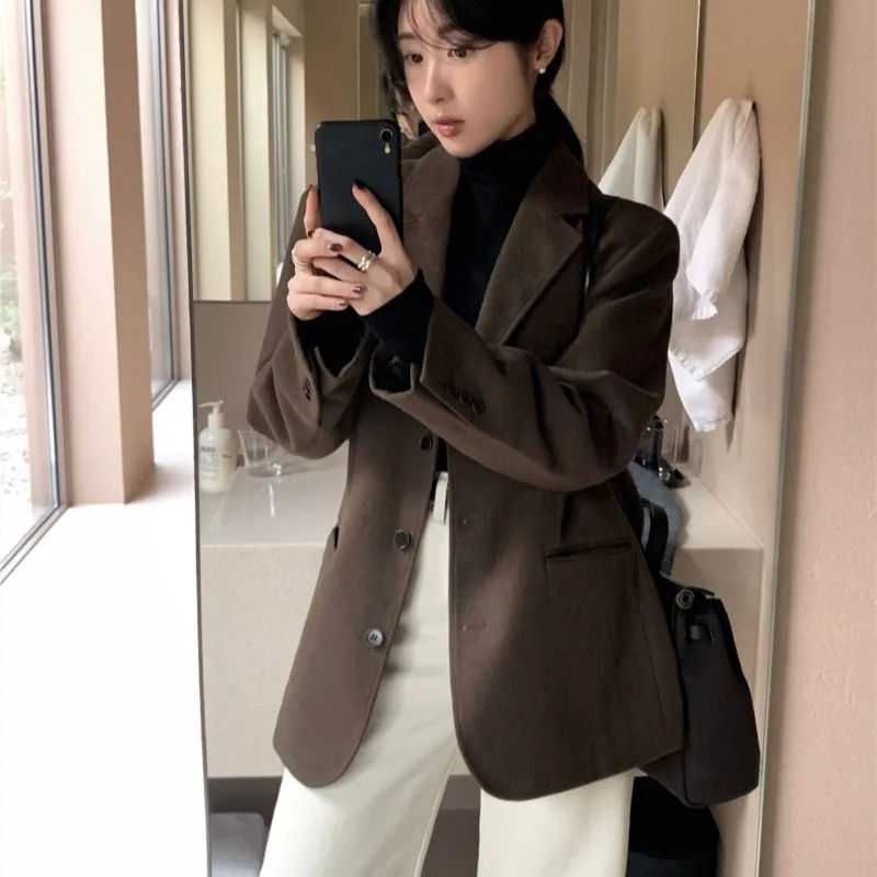 Jaet de lã feminino casual único botão notch colarinho solto ajuste vintage sle commute faion thi outono longo sve