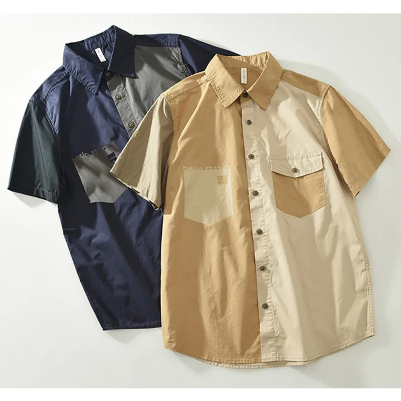 Men's Casual Button Up Shirt Pocket Short Sleeve 100%Cotton Workwear Colorblock Tops Casual Versatile Men's Clothing