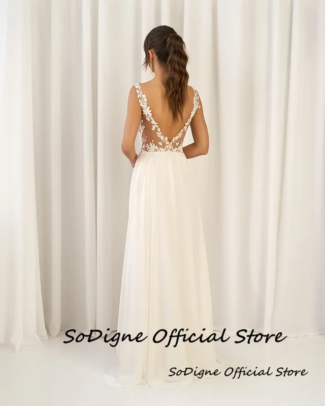 SoDigne Suknia Ślubna w Kształcie Litery A z Szyfonu Dekolt w Serek Bez Rękawów Aplikacje Suknie Ślubne Długie Suknie Ślubne vestidos de novia Szyte na Miarę